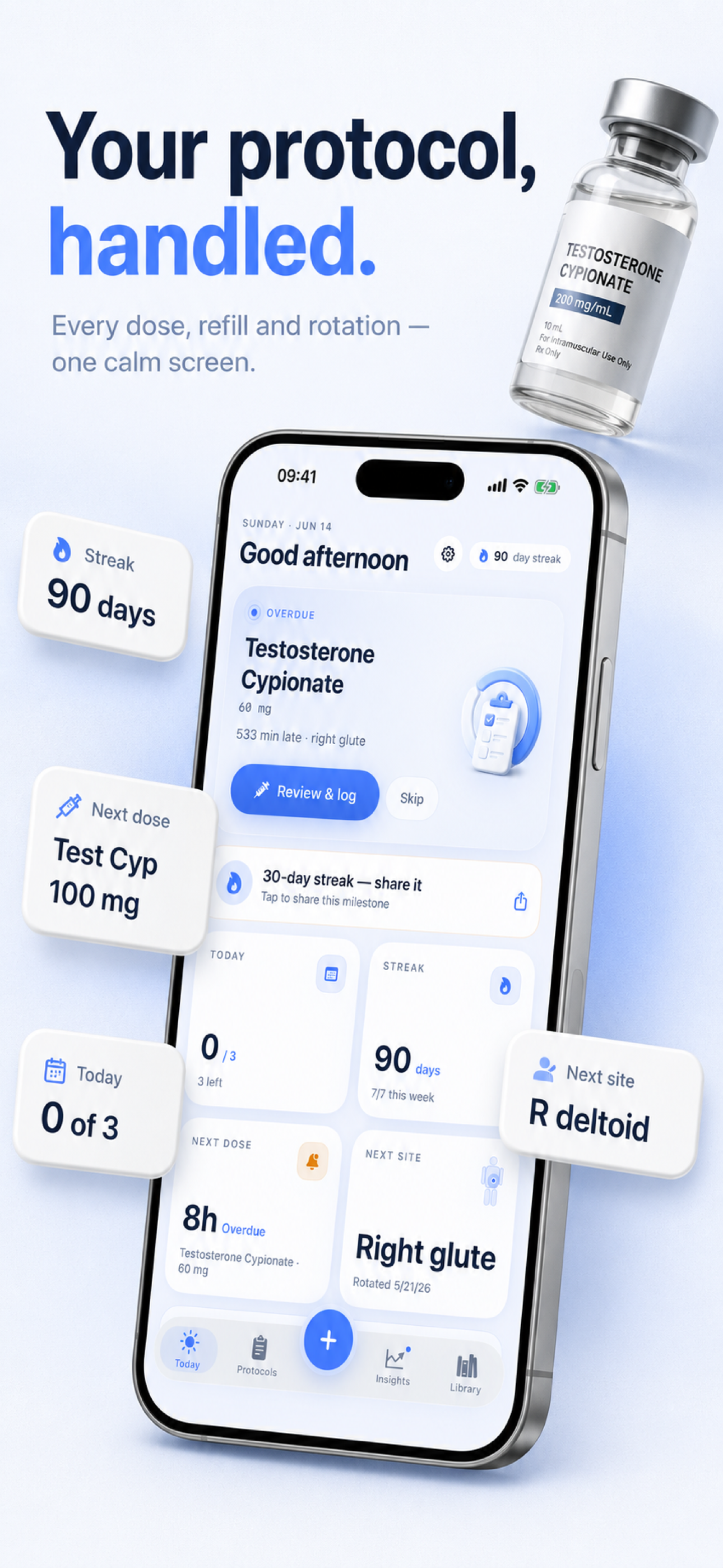App Store screenshot showing the TRT AI home protocol dashboard