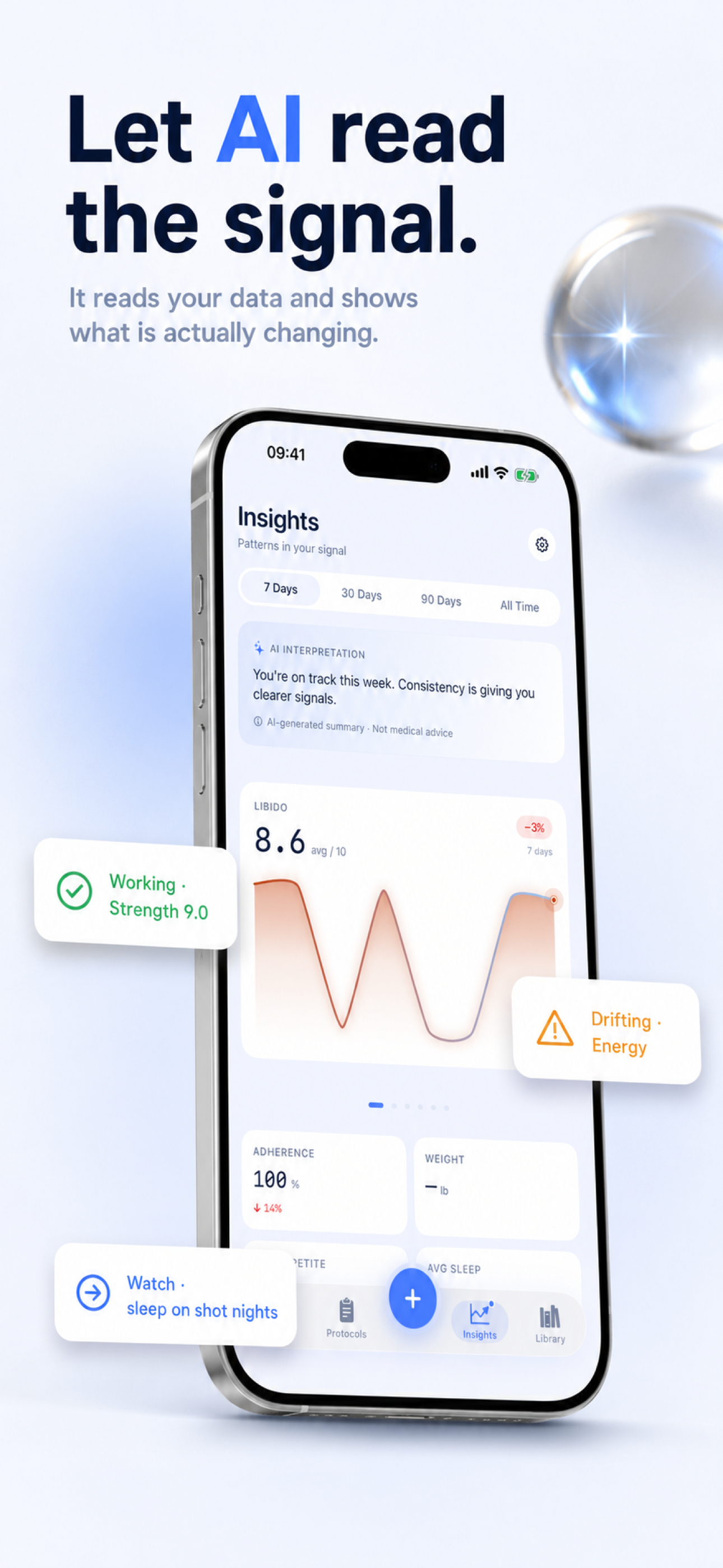 App Store screenshot showing TRT AI protocol insights