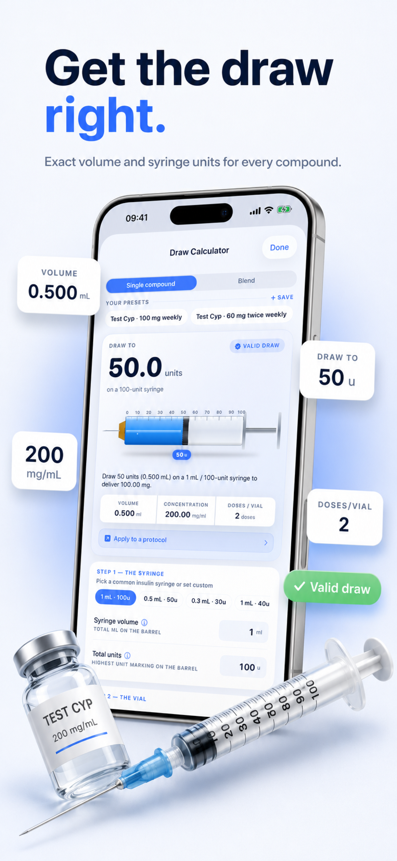 App Store screenshot showing the TRT AI dose calculator