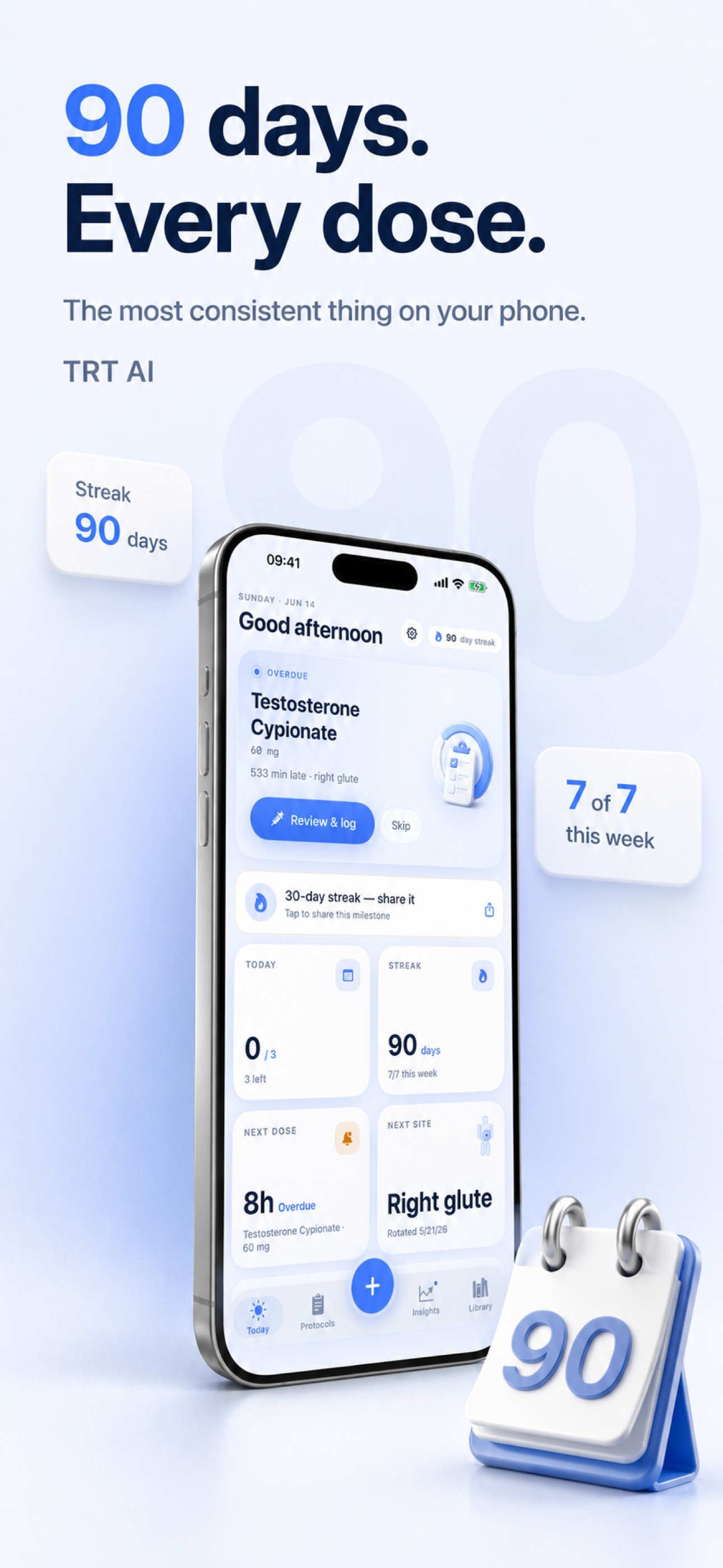 App Store screenshot showing TRT AI streak and dose tracking