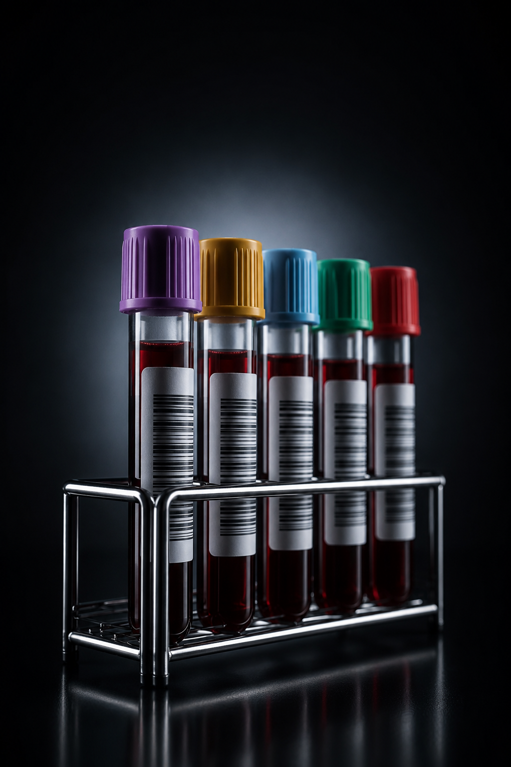 A rack of colour-capped blood collection tubes for a TRT panel
