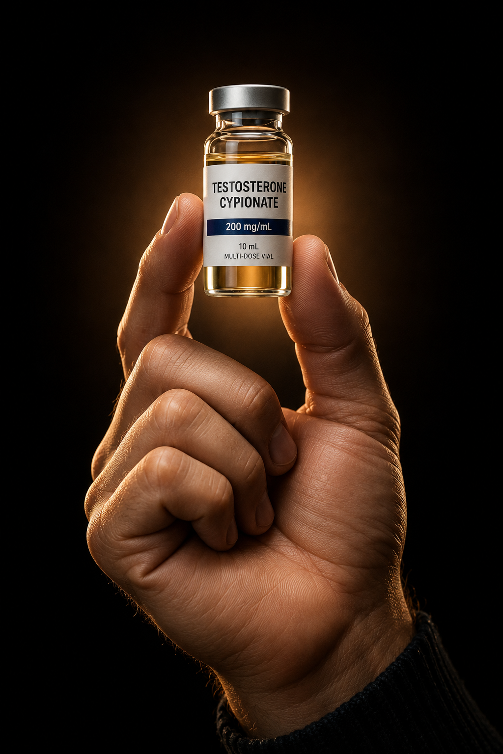 A hand holding a 10 mL vial of testosterone cypionate