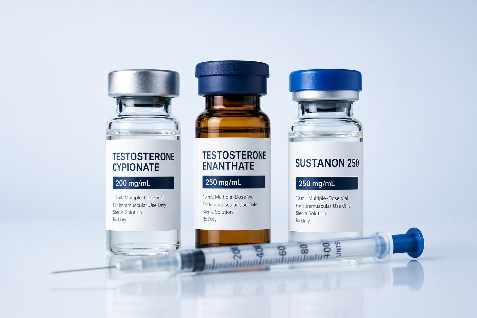 Vials of testosterone cypionate, enanthate and Sustanon 250 beside an insulin syringe
