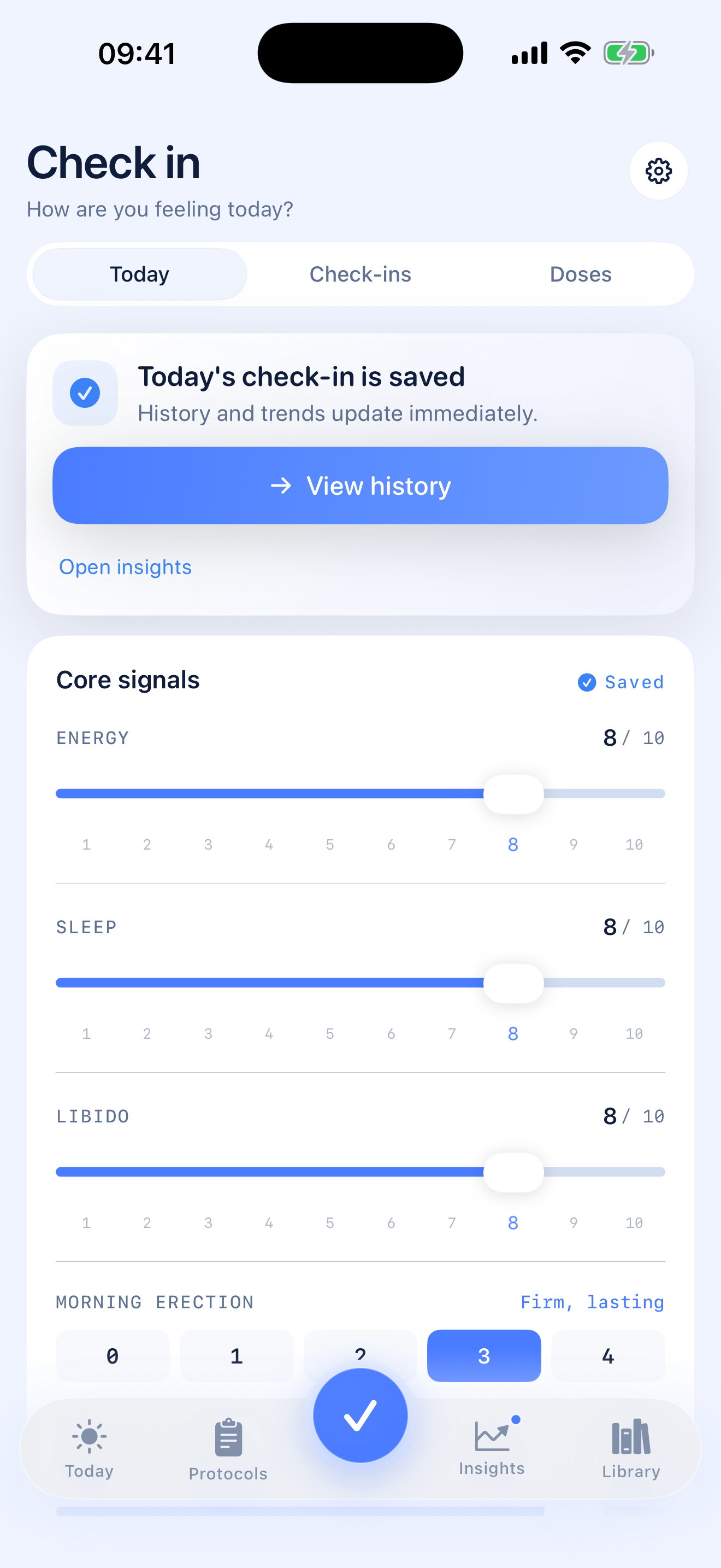TRT AI daily signal check-in screen