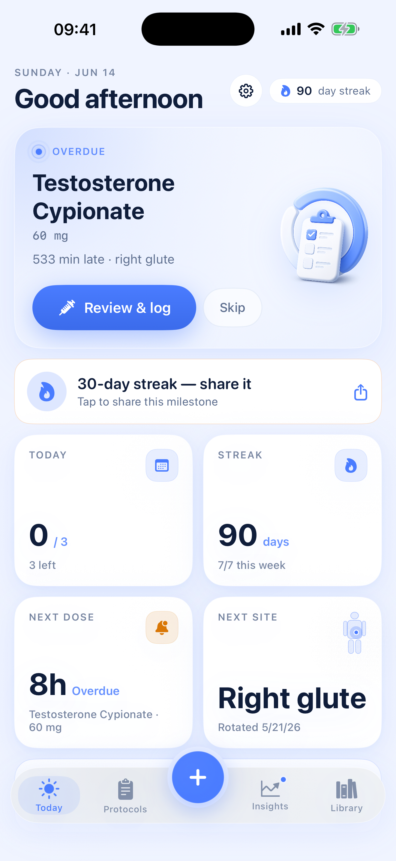 TRT AI home dashboard showing protocol status and next dose